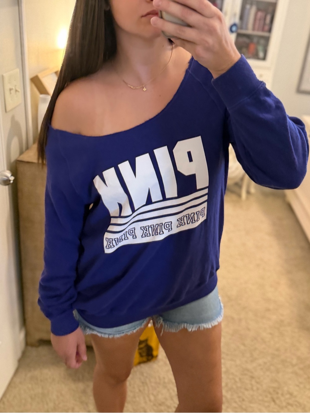 Victoria's Secret PINK Royal Blue Off-Shoulder Sweatshirt with White Logo